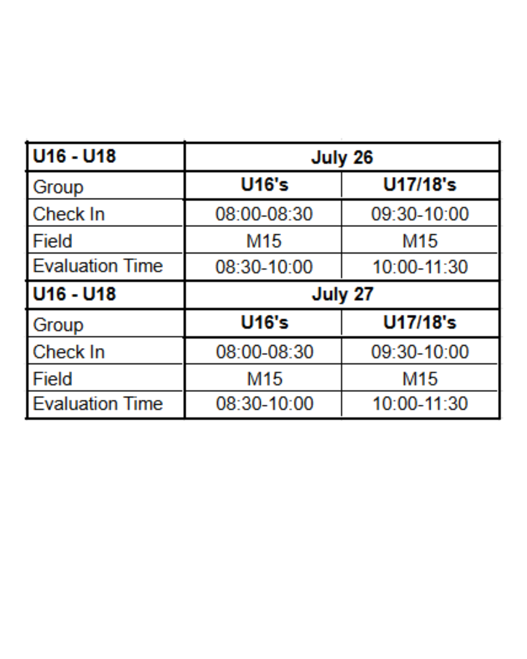 U18-18 schedule